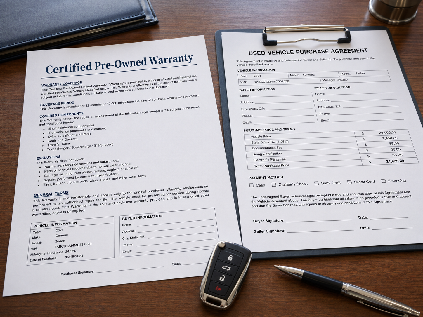 Close-up of a "Certified Pre-Owned" warranty document and a used-car purchase agreement side by side.