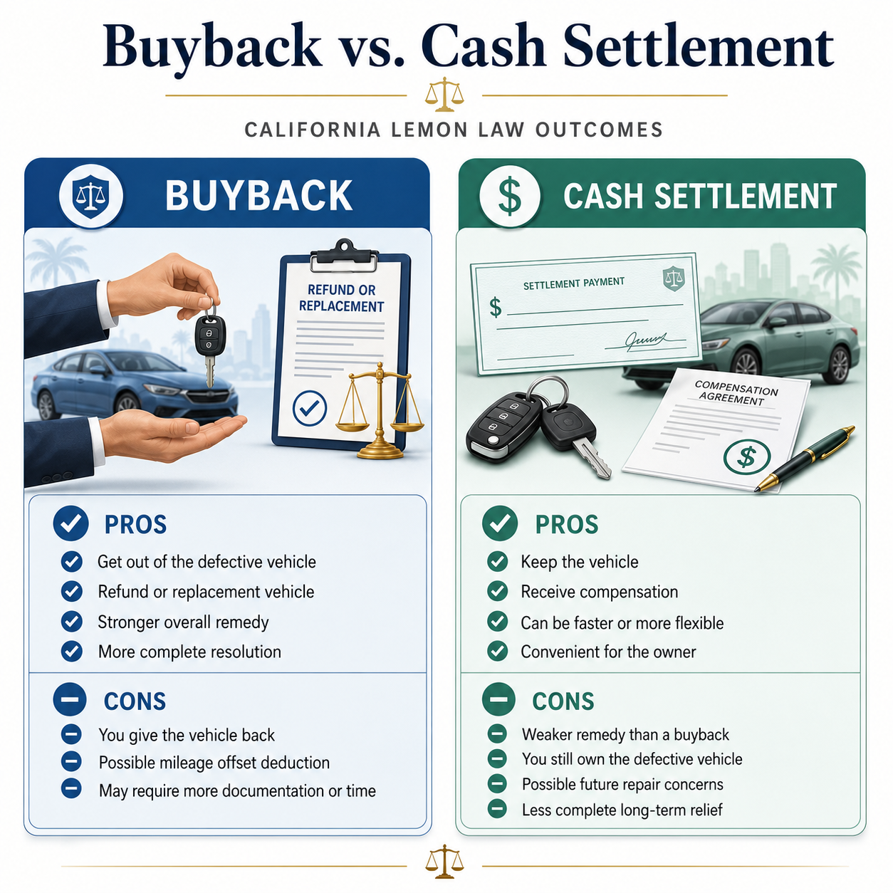 Side-by-side pros and cons checklist comparing buyback and cash settlement outcomes