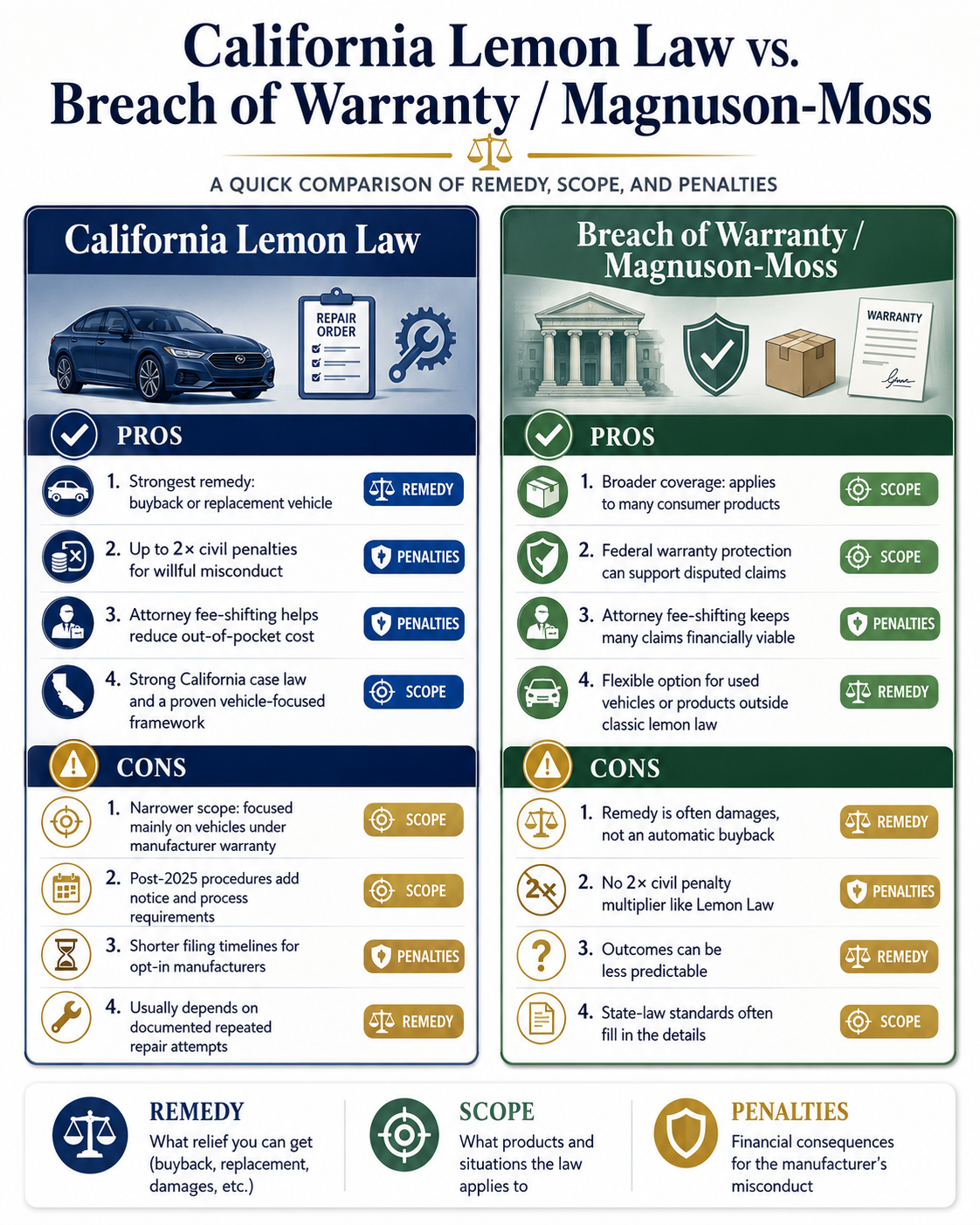 Clean infographic comparing the two claim types across remedy, scope, and penalties — color-coded columns for at-a-glance scanning