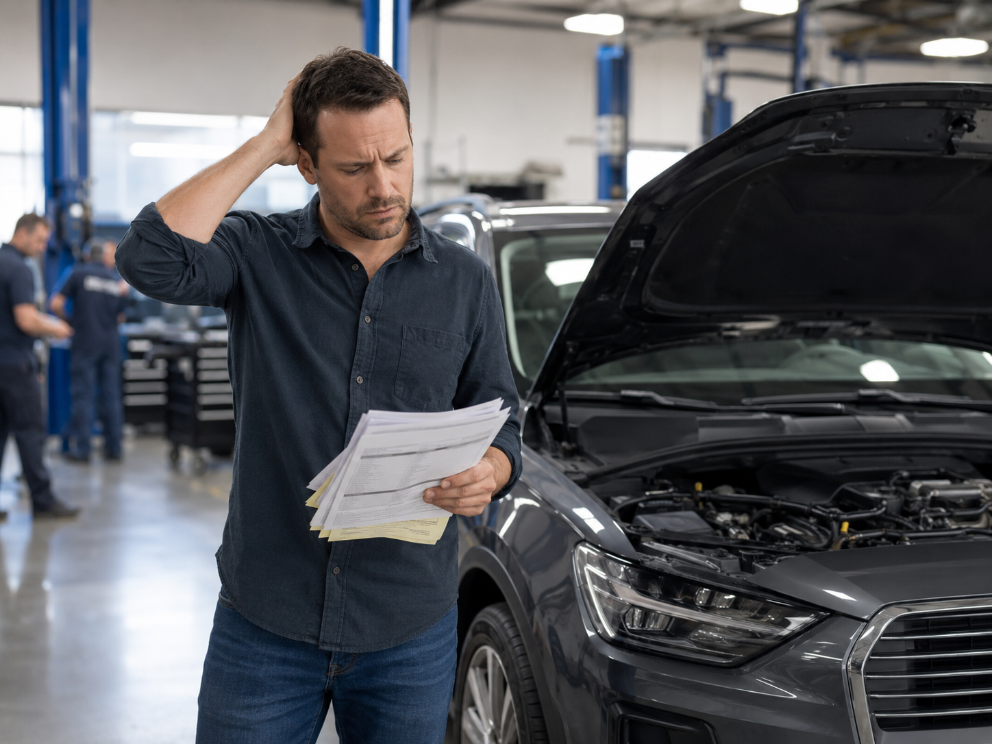 A frustrated driver standing beside an open hood at a San Diego dealership service bay, repair orders in hand, illustrating repeated failed repair attempts.