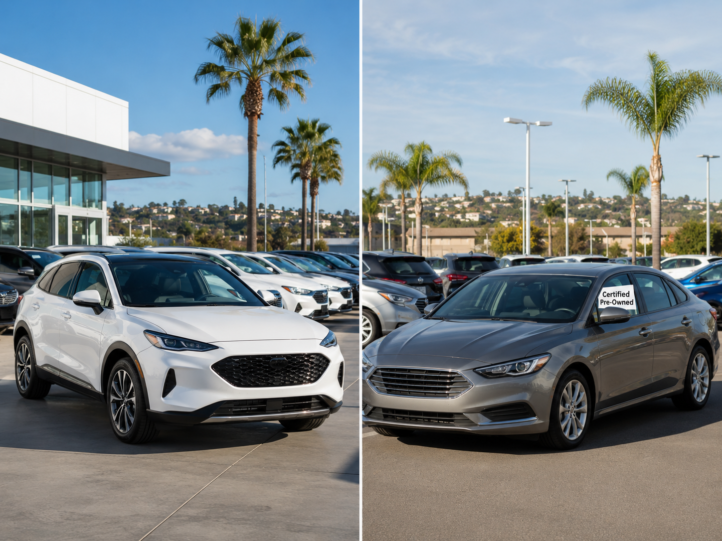Side-by-side photo of a new car at a Mission Valley dealership lot and a used car with a "Certified Pre-Owned" window sticker, illustrating the two claim paths