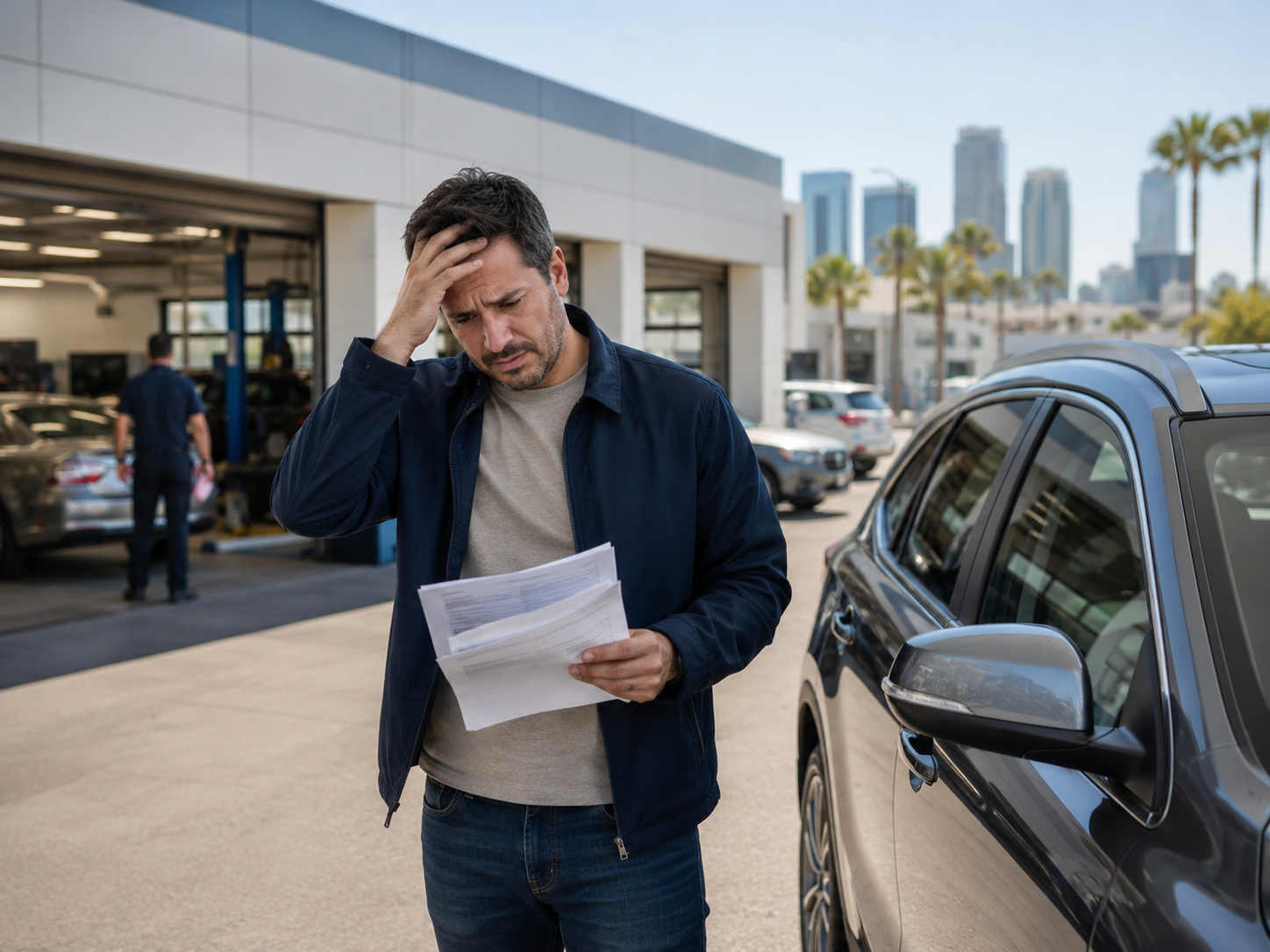  image showing a frustrated San Diego driver standing beside a vehicle parked at a dealership service center, with the downtown skyline faintly visible in the background, representing a buyer dealing with a defective car.