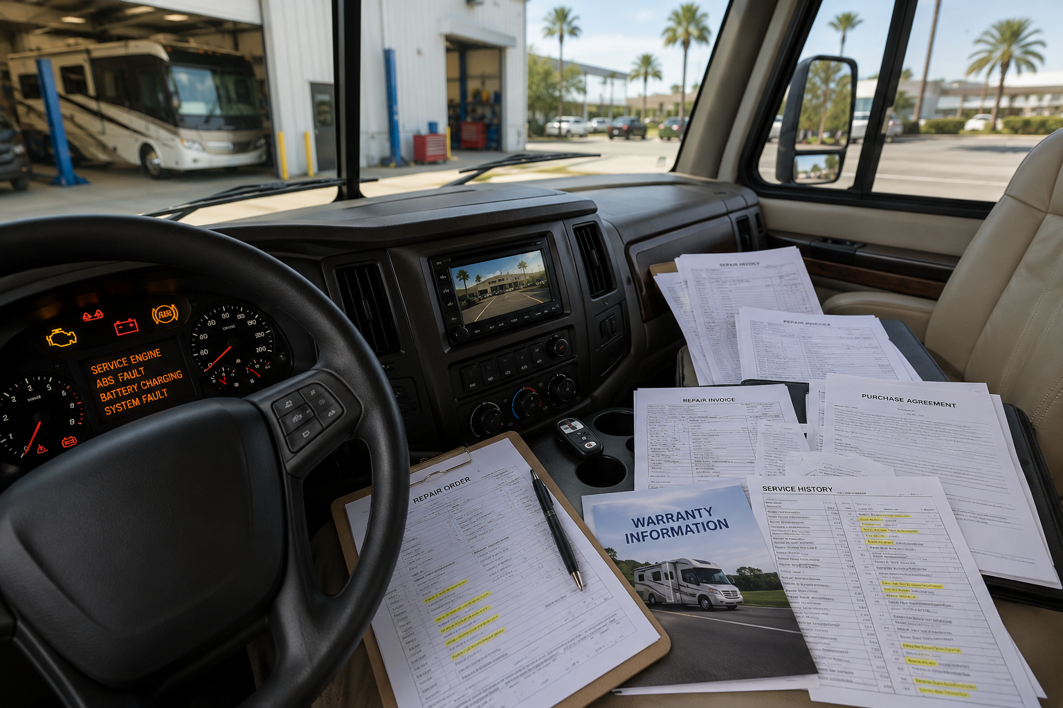 image showing a defective motorhome with dashboard warning lights, repair invoices, warranty paperwork, and service records for a California RV lemon law claim.