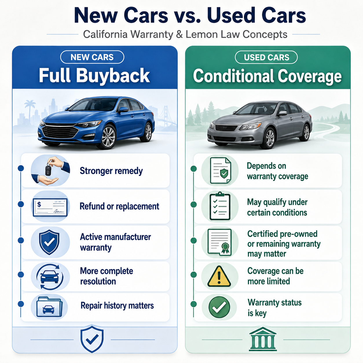 Simple infographic-style graphic contrasting "Full Buyback" for new cars vs "Conditional Coverage" for used cars