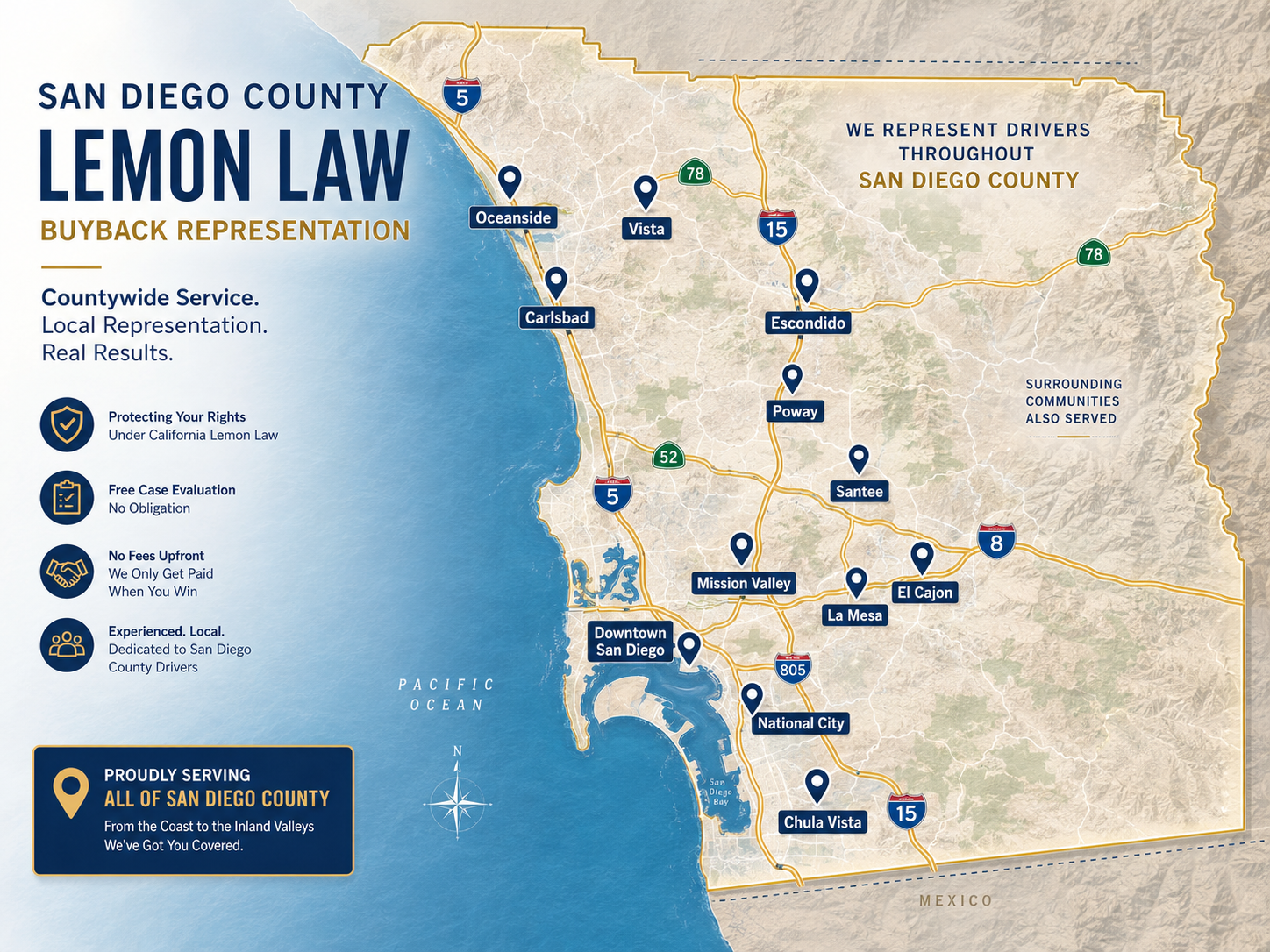 image showing a map or aerial view of San Diego County with highlighted neighborhoods and freeways, representing the local service area for lemon law buyback representation.