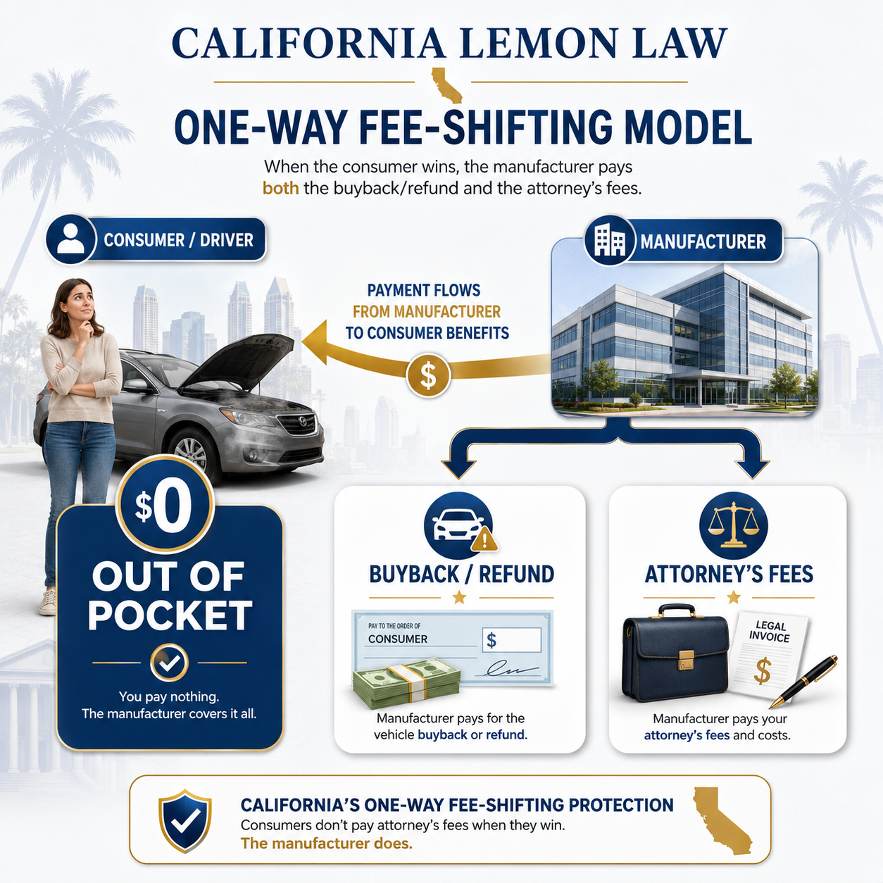 Infographic illustrating California's one-way fee-shifting model, showing the manufacturer paying both the buyback and the attorney's fees while the consumer pays $0.