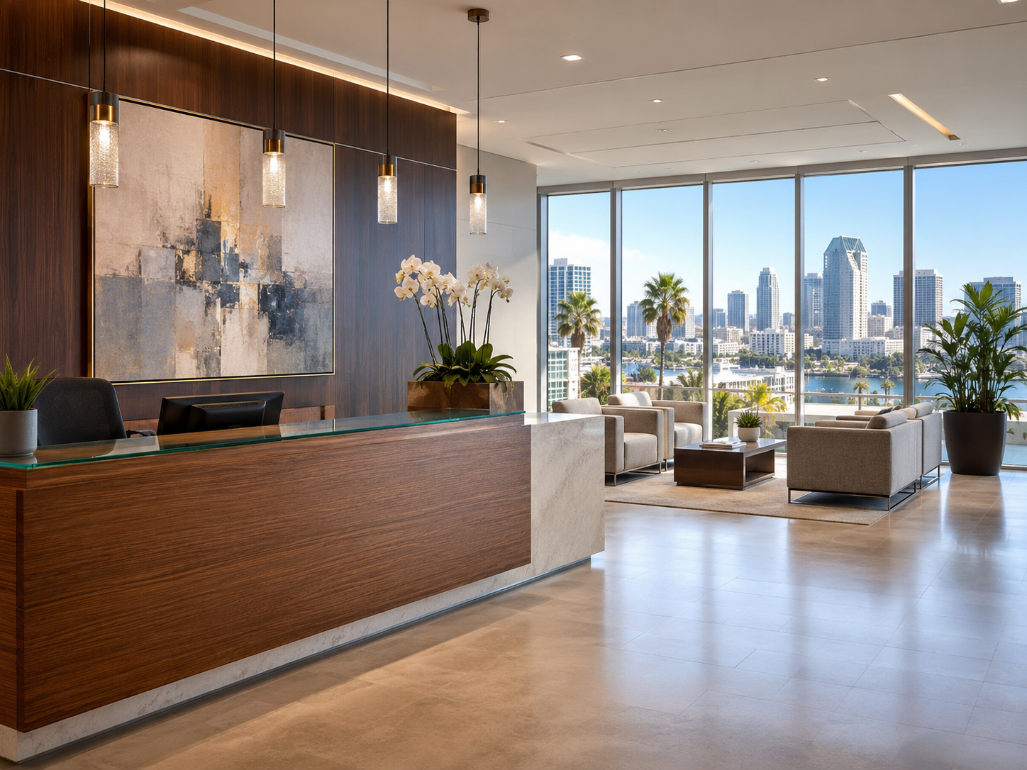 The exterior or office reception of a professional San Diego law firm with the city skyline visible, conveying trust and local presence