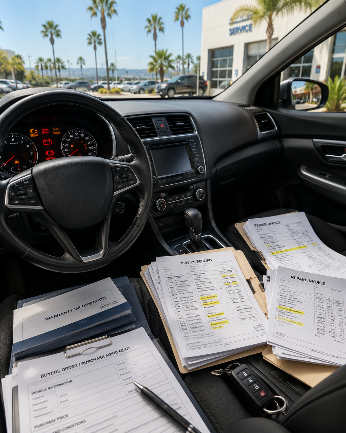 image showing a defective used vehicle with dashboard warning lights, repair invoices, and warranty paperwork for a California used car lemon law claim.