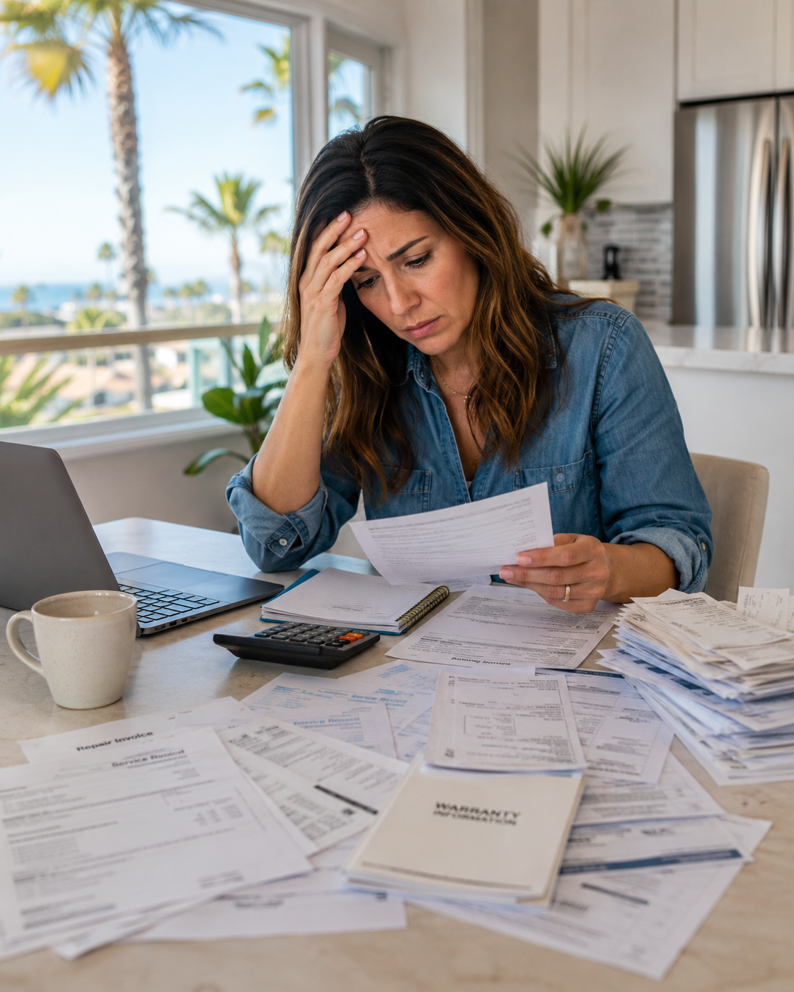 Photo of a person at a kitchen table in a San Diego home surrounded by stacks of repair invoices, warranty booklets, and a laptop, looking overwhelmed