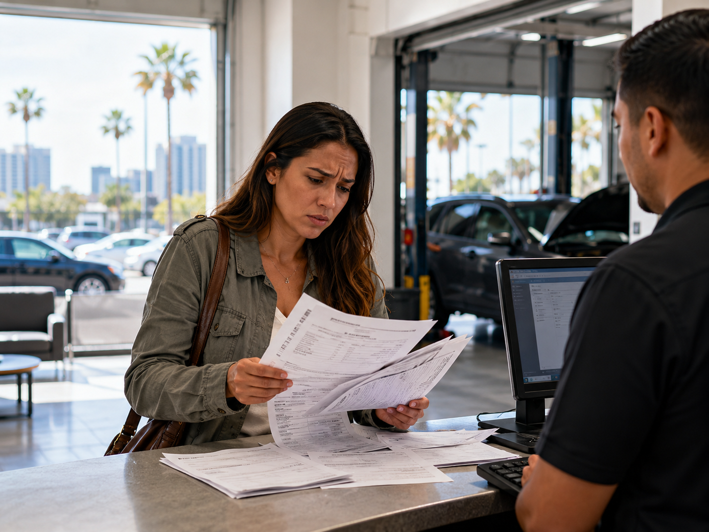 A San Diego driver reviewing repair orders at a dealership service counter, looking frustrated with a defective vehicle