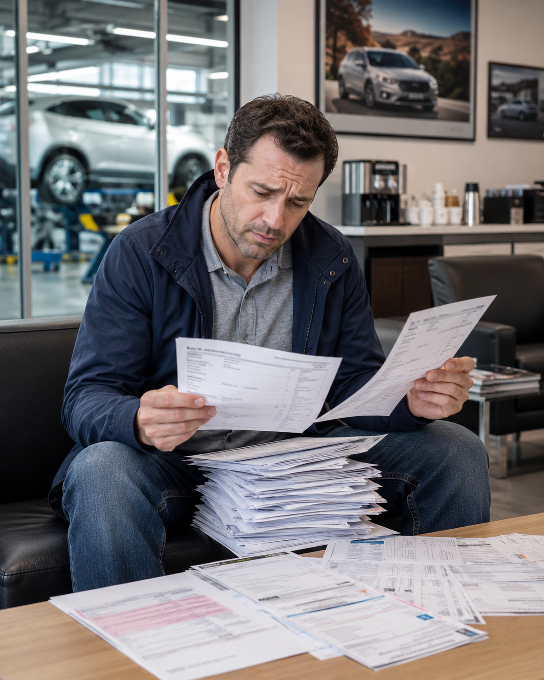 A frustrated driver reviewing a stack of repair orders in a dealership service waiting room.