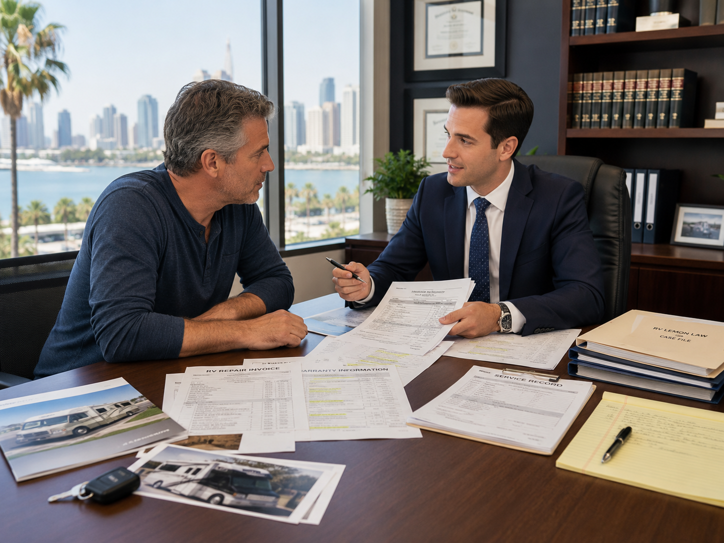 image showing a San Diego RV owner reviewing repair records and warranty documents with a lemon law attorney at a professional office desk.
