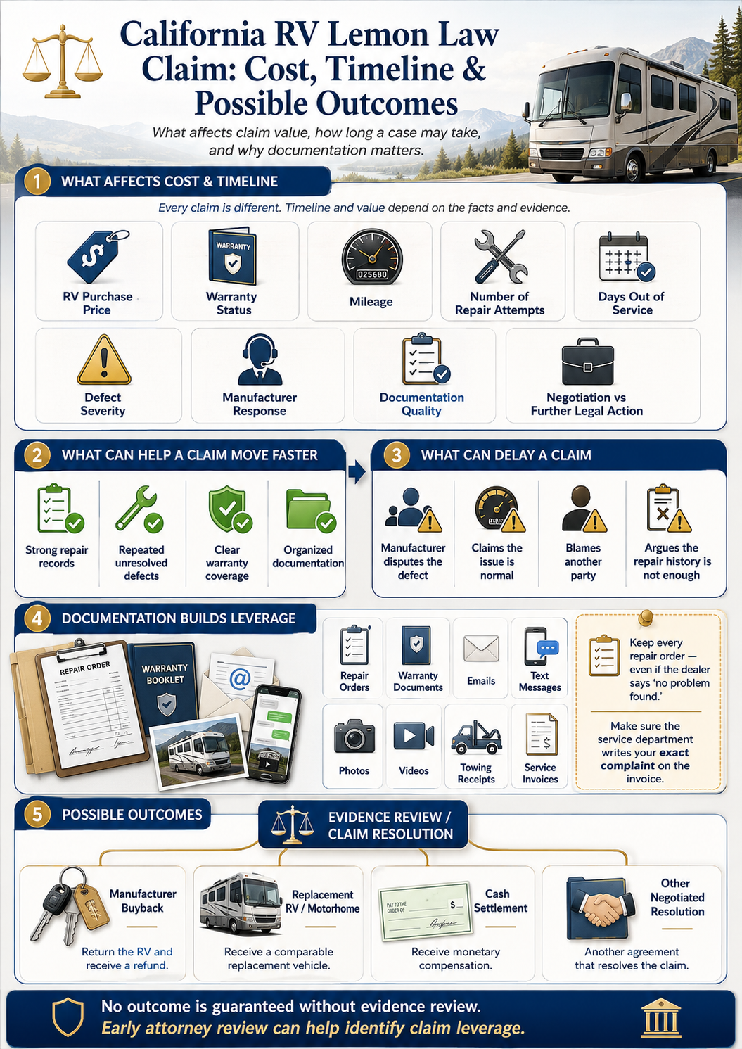 image showing the RV lemon law claim process from repair records and warranty review to manufacturer buyback, replacement motorhome, or cash settlement.