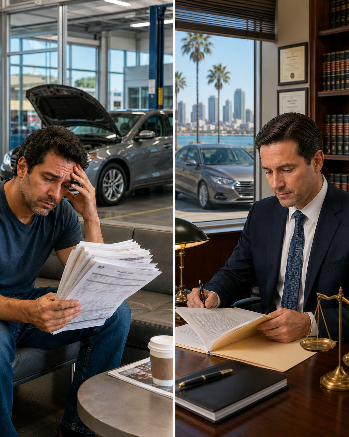 Split-screen graphic showing a frustrated San Diego driver holding repair invoices on one side and a confident attorney reviewing a case file on the other, with a defective sedan in the background