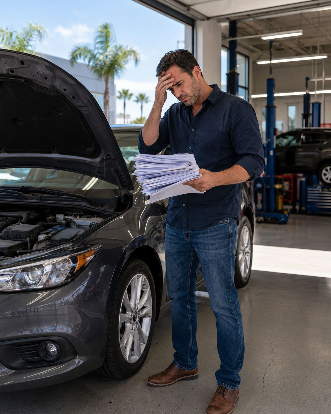 A frustrated San Diego driver standing beside a car with the hood up in a dealership service bay, reviewing a stack of repair invoices