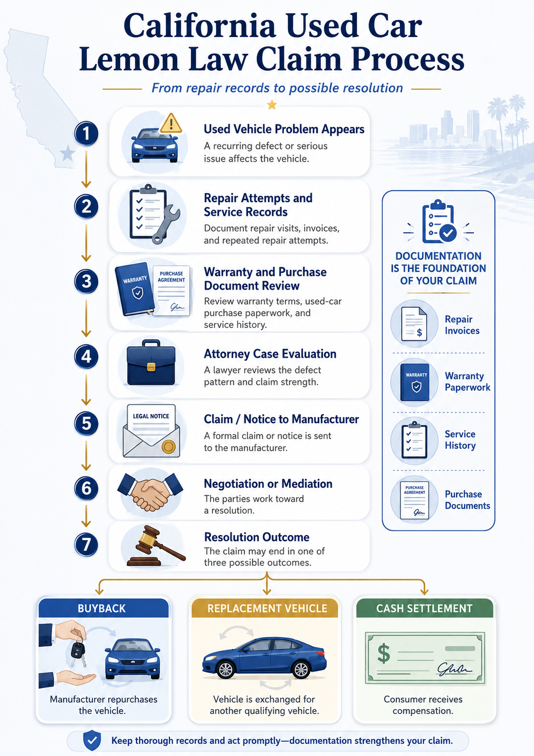 image showing the used car lemon law claim process from repair records to manufacturer buyback, replacement vehicle, or cash settlement.