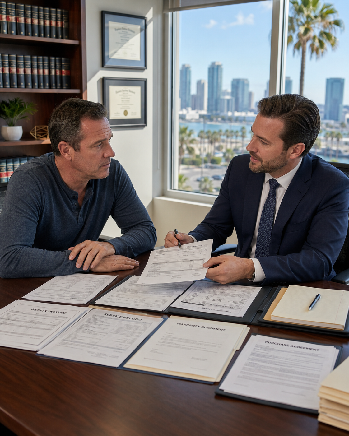 image showing a San Diego used car owner reviewing repair records with a lemon law attorney at a professional office desk.