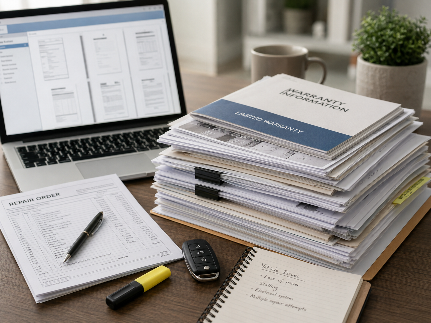 A stack of vehicle repair orders and warranty paperwork organized on a desk next to a laptop, illustrating Lemon Law documentation