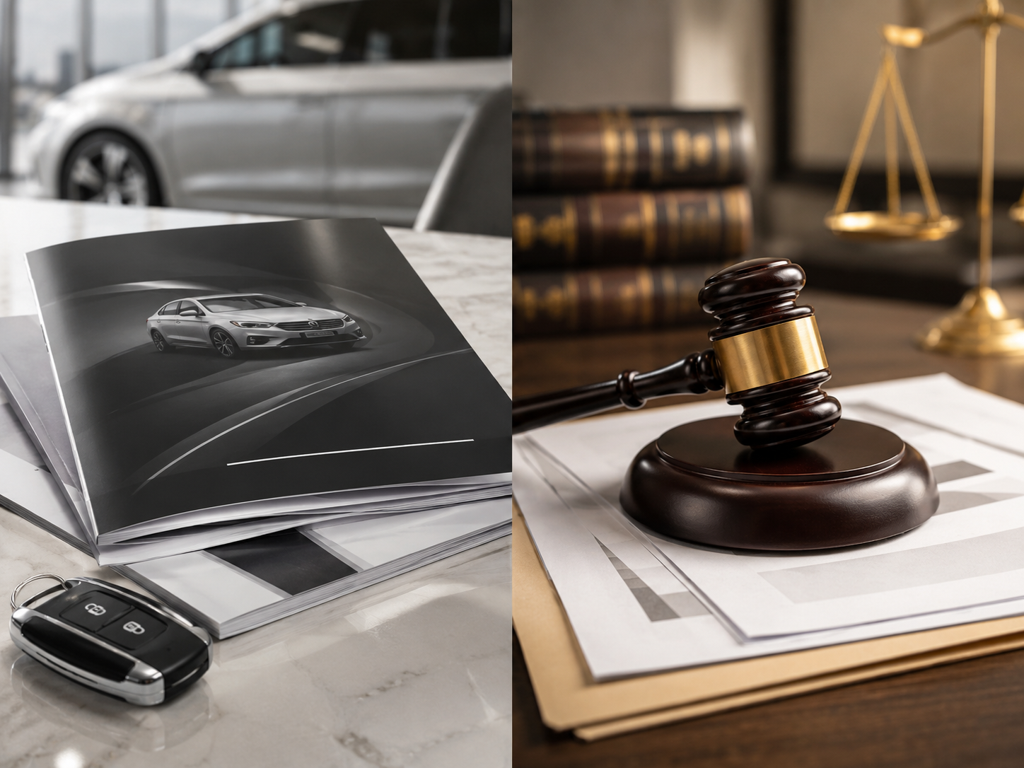 Side-by-side document graphic showing a written manufacturer warranty booklet next to a gavel, representing express vs. implied warranty claims